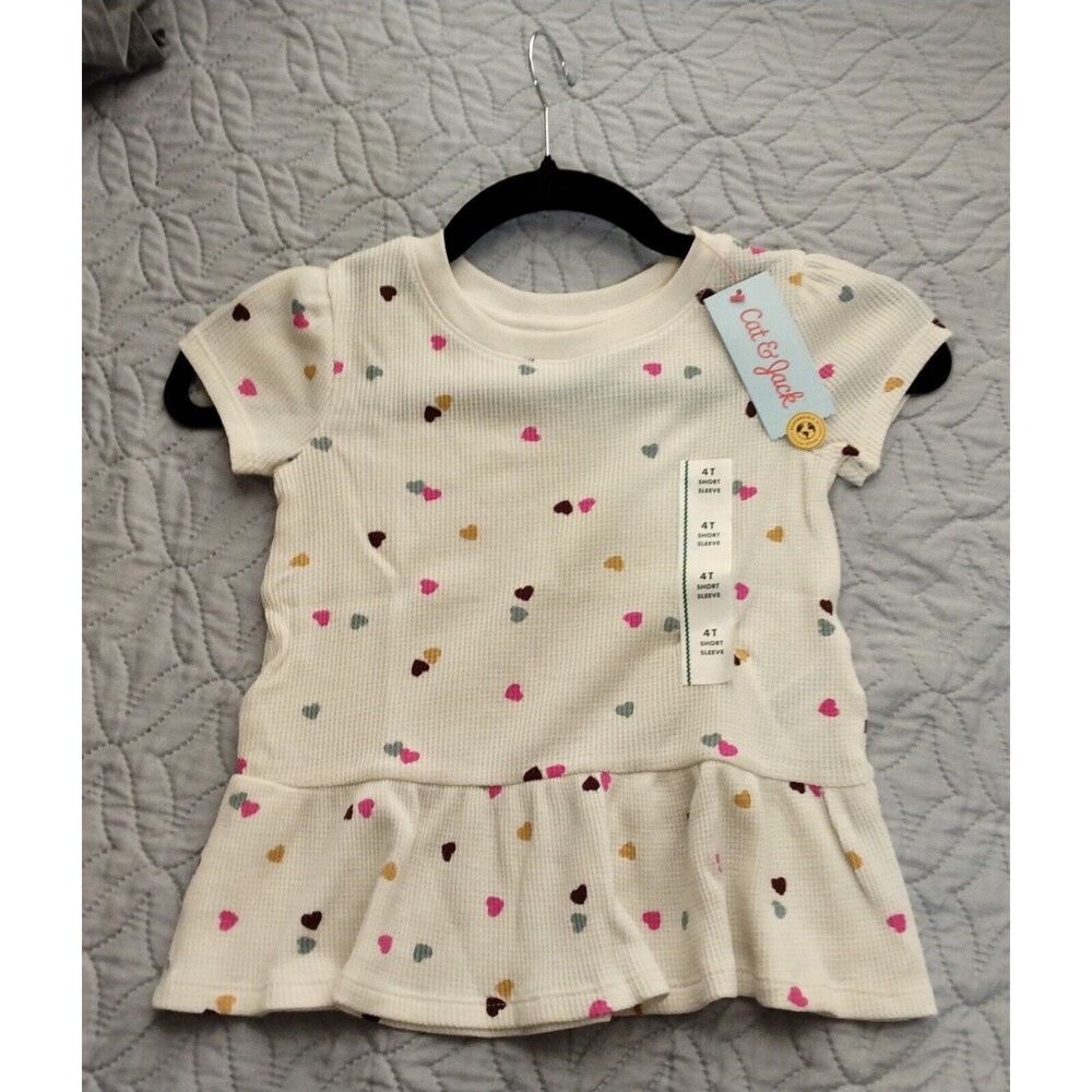 NWT, Cat & Jack Girls 4T Drop-Waist Shirt, Cream With Mini Colored Hearts - Picture 2 of 9